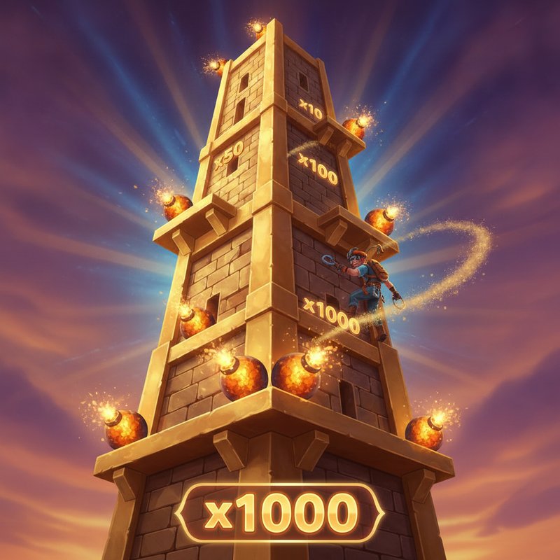 Tower Rush slot par Galaxsys - jeu de montée de tour avec bombes explosives et multiplicateurs progressifs affichant les étages dorés et le système de gain x1000